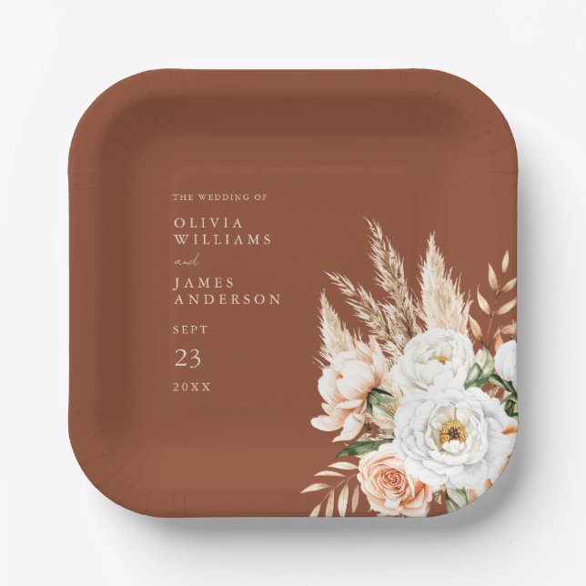 Elegant Burnt Orange Terracotta Floral Wedding  Paper Plates (Front)