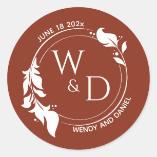 Elegant Burnt Sienna Foliage Double Ring Monogram Classic Round Sticker