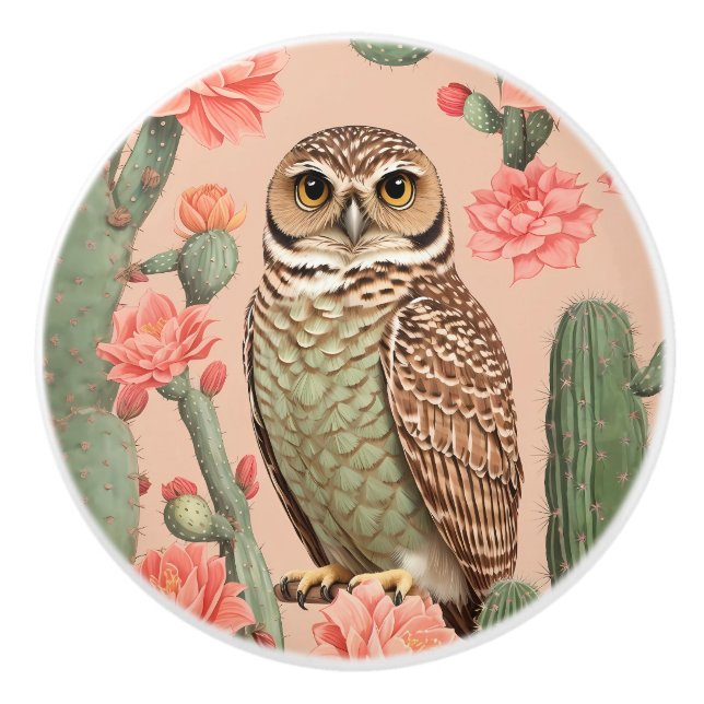 Elegant Burrowing Owl And Cactuses  Ceramic Knob (Front)