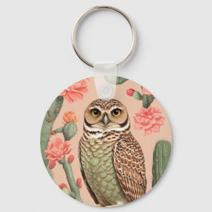 Elegant Burrowing Owl And Cactuses  Keychain