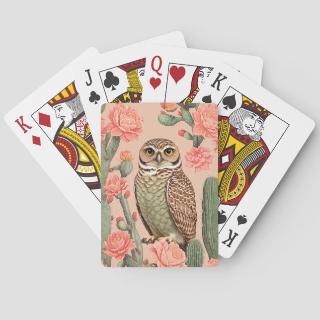 Elegant Burrowing Owl And Cactuses  Poker Cards (Back)