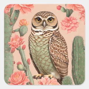 Elegant Burrowing Owl And Cactuses Square Sticker