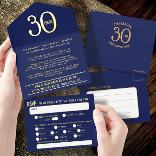 Elegant Business 30th Anniversary blue tear-off All In One Invitation