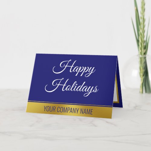 Elegant Business Blue and Faux Gold Happy Holidays Card