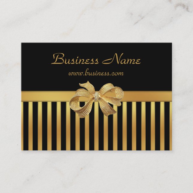 Elegant Business Card Gold Black Stripe Gold Bow (Front)