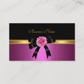 Elegant Business Card Pink Rose Black Gold Bow by Label_That at Zazzle