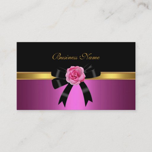 Customizable Elegant Business Card Pink Rose Black Gold Bow