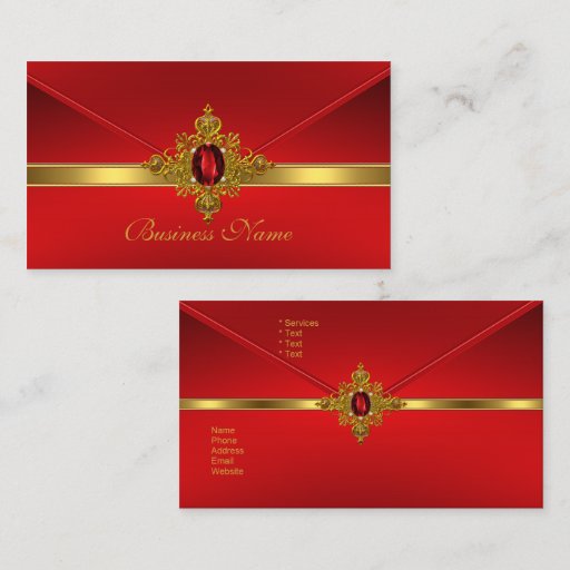 Customizable Elegant Business Card Red Gold Trim Red Jewel
