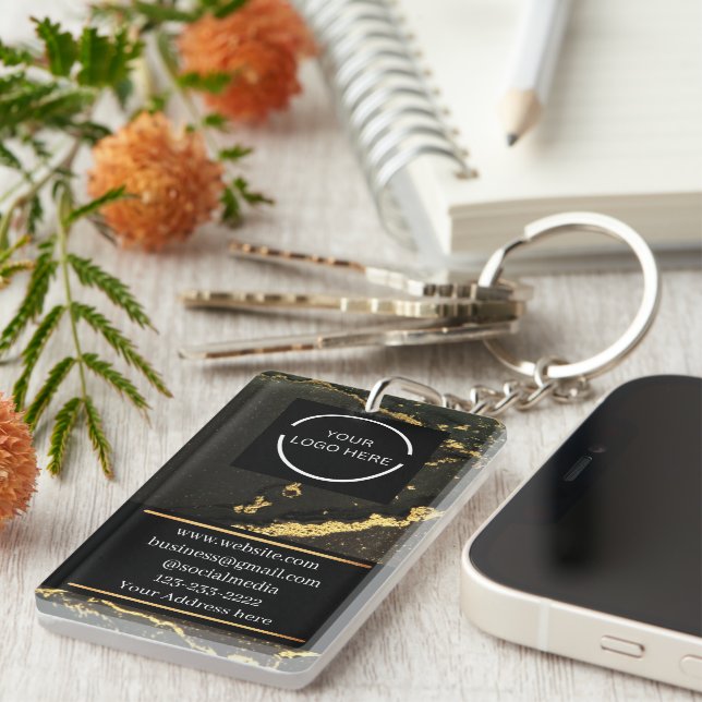 Elegant Business Logo Black and Gold Marbled  Keychain (Front Right)