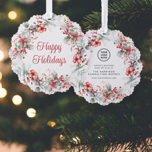 Elegant Business Logo Christmas Wreath Holiday Ornament Card