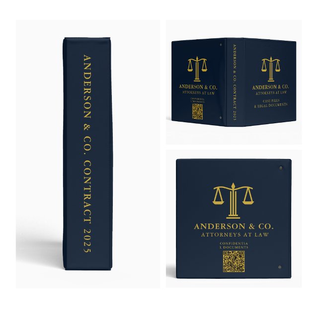 Elegant Business Logo Law Firm Qr Code Navy Blue  3 Ring Binder (business logo binders corporate records minimalist clean simple promotional swag)