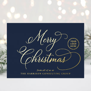 Elegant Business Logo Merry Christmas Blue Foil Holiday Card
