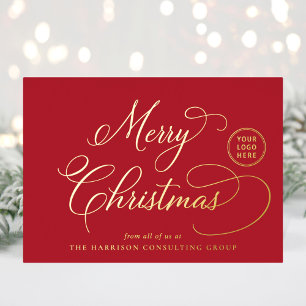 Elegant Business Logo Merry Christmas Red Foil Holiday Card