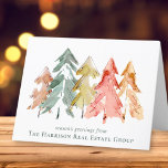Elegant Business Logo QR Code Corporate Christmas Holiday Card<br><div class="desc">An elegant corporate holiday greeting card featuring a beautiful abstract watercolor of pine trees in muted green, red, gold and orange, a customizable seasonal greeting and your company’s name. On the inside, add an additional message of customer appreciation, upload your business logo if desired and input your website address to...</div>