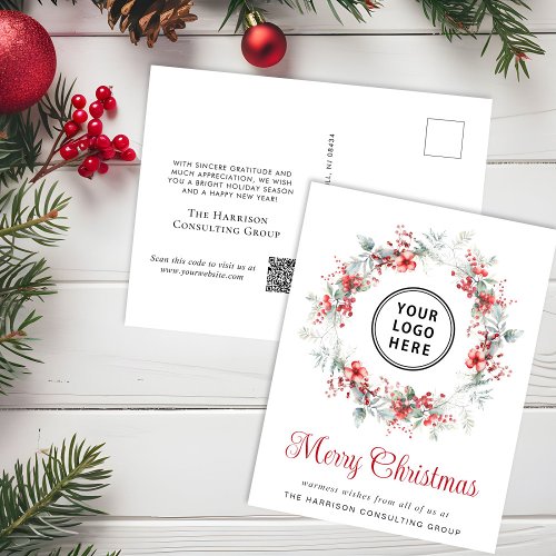 Elegant Business Logo QR Code Merry Christmas Holiday Postcard