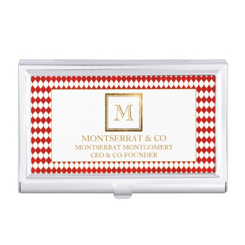 Elegant Business Monogram Gold Square Red Diamond  Business Card Case