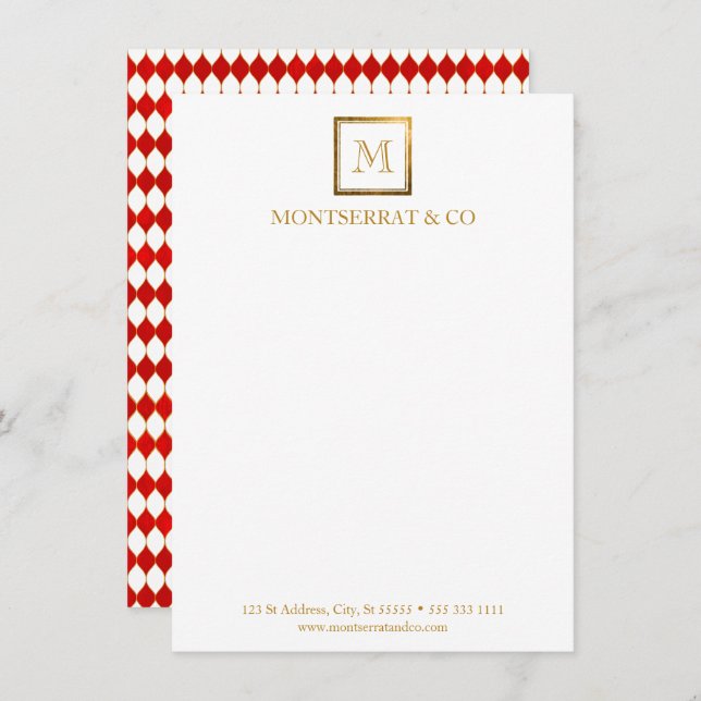 Elegant Business Monogram Gold Square Red Diamond  Note Card (Front/Back)