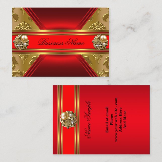 Elegant Business Red Gold Damask Jewel 2 Card (Front/Back)