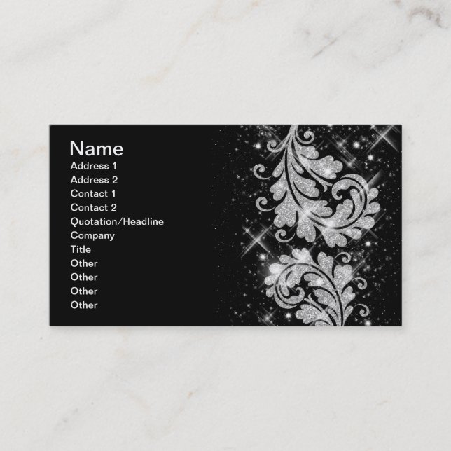 Elegant Business Silver Glitter Floral Swirls Business Card (Front)