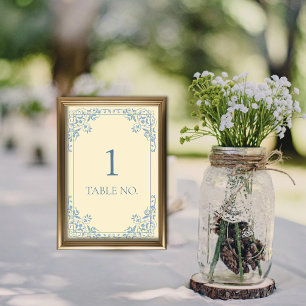 Elegant Butter Yellow and Blue Chic Vintage Border Table Number