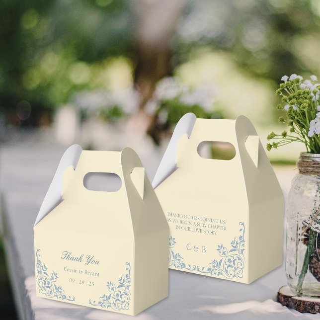 Elegant Butter Yellow and Blue Wedding Thank You Favor Boxes (elegant butter yellow wedding thank you gift favor boxes with bride and groom name plus message)