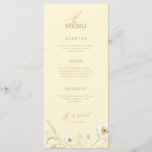 Elegant Butter yellow botanical modern wedding Menu