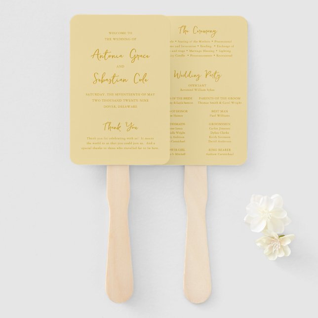 Elegant Butter Yellow Modern Wedding Program Hand Fan (Front and Back)
