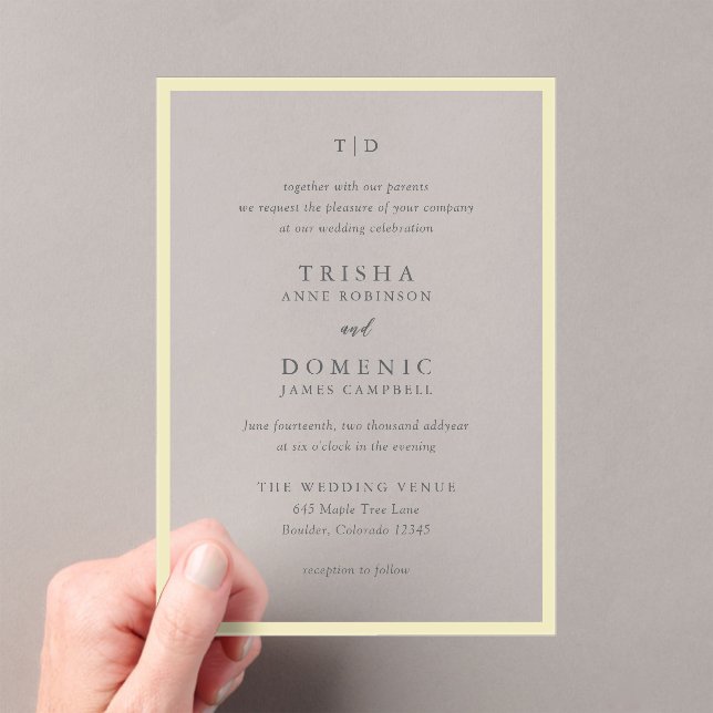 Elegant Butter Yellow Monogram Modern Wedding Acrylic Invitations (Insitu (Handheld))