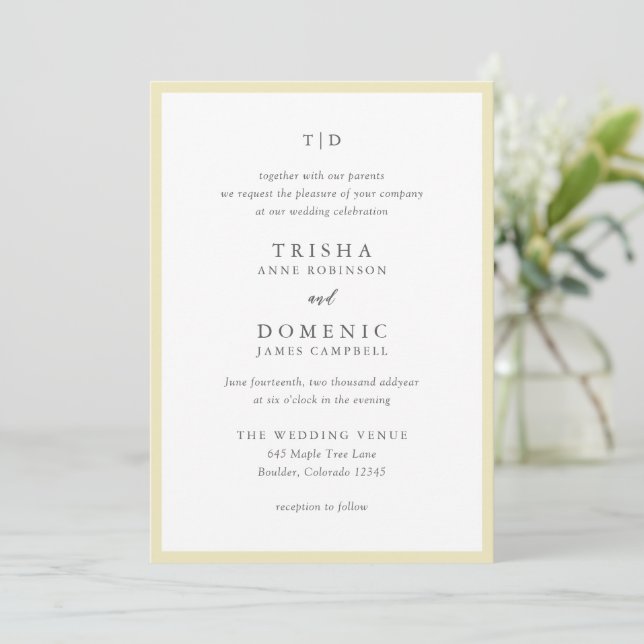 Elegant Butter Yellow Monogram Modern Wedding Invitation (Standing Front)