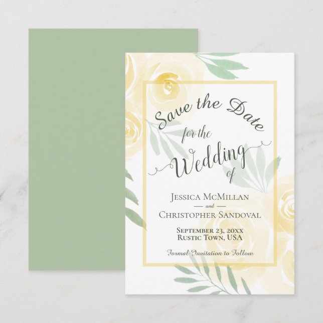 Elegant Butter Yellow & Sage Roses Boho Wedding Save The Date (Front/Back)