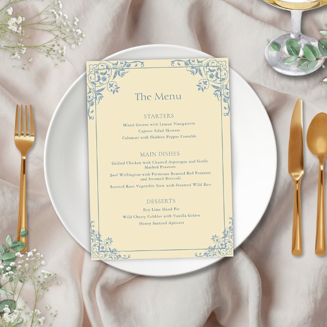 Elegant Butter Yellow Vintage Frame Wedding Menu (Elegant butter yellow and dusty blue romantic wedding menu card for vintage old money dinner event)