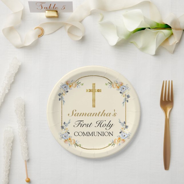 Elegant Buttercream Floral 1st Holy Communion    Paper Plates (Wedding)
