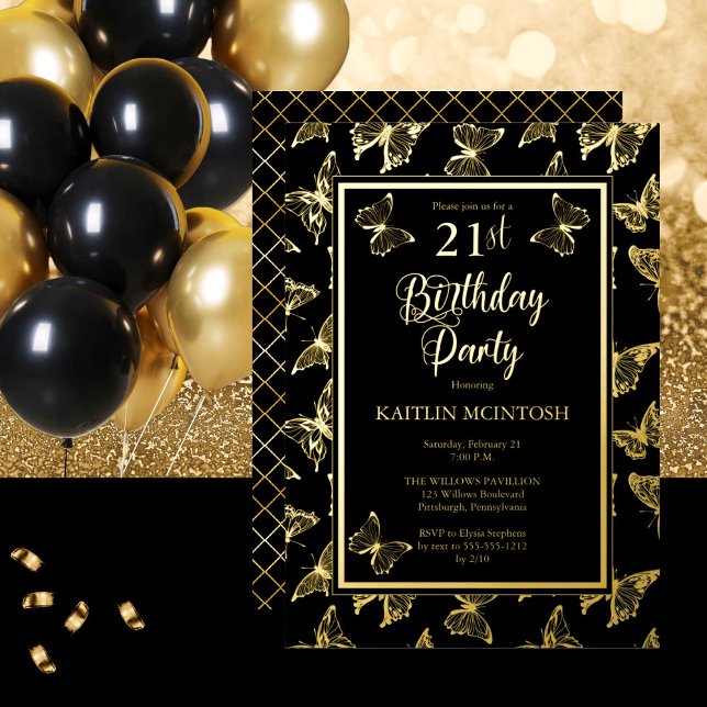 Elegant Butterflies 21st Birthday Party Black Gold Foil Invitation (Creator Uploaded)