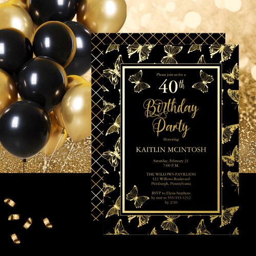 Elegant Butterflies 40th Birthday Party Black Gold Foil Invitation