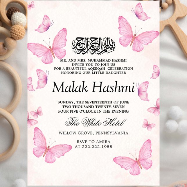 Elegant Butterflies Baby GirI Islamic Aqiqa Aqeeqa Invitation (Creator Uploaded)