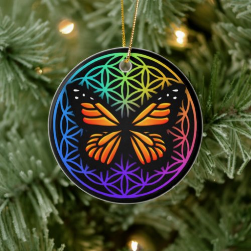 Elegant butterflies colorful flower of life  ceramic ornament