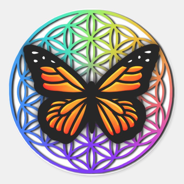 Elegant butterflies colorful flower of life  classic round sticker (Front)