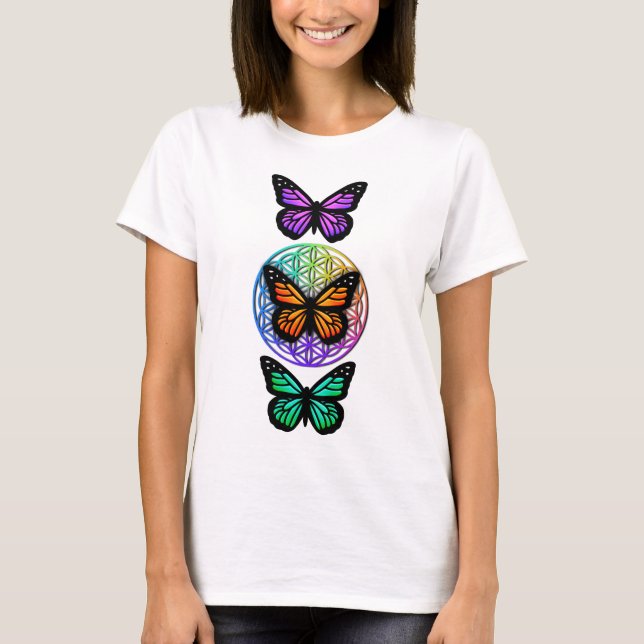 Elegant butterflies colorful flower of life  T-Shirt (Front)