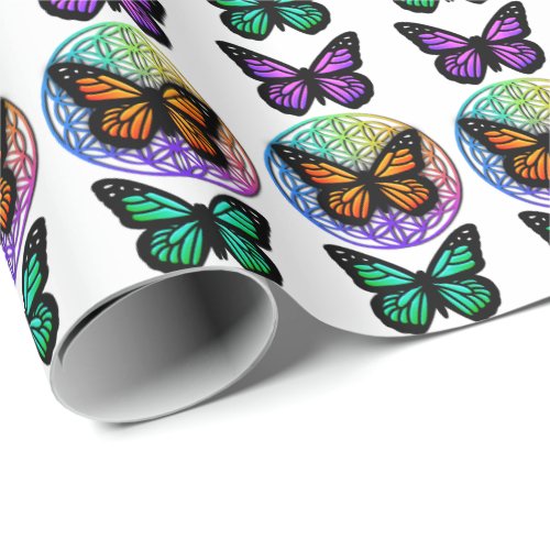 Elegant butterflies colorful flower of life  wrapping paper