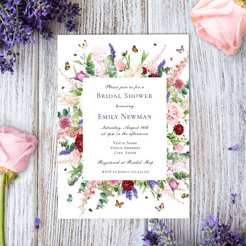 Elegant Butterflies  Floral Bridal Shower  Invitation