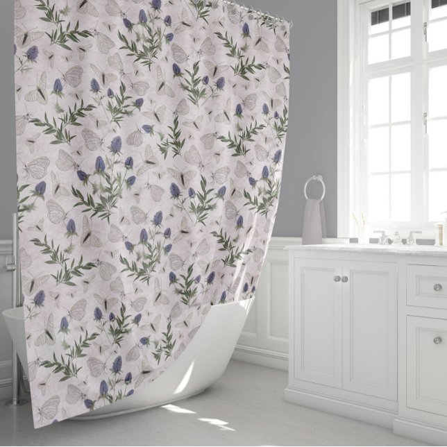 Elegant Butterflies Floral Shower Curtain (Elegant Butterflies Floral Sage Lavender Pattern Shower Curtain from Studio Posies.)