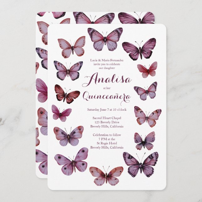 Elegant Butterflies Frame Quinceañera CUSTOM Invitation (Front/Back)