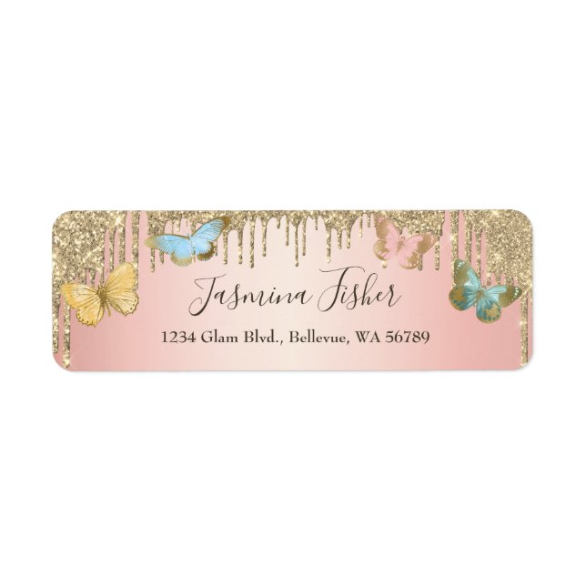 Elegant Butterflies Glitter Drips Girly Address Label (Front)