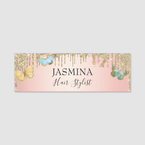 Elegant Butterflies Glitter Drips Girly Name Tag