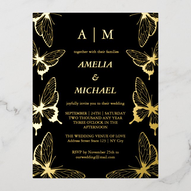 Elegant Butterflies Monogram Wedding Invitation (Front)