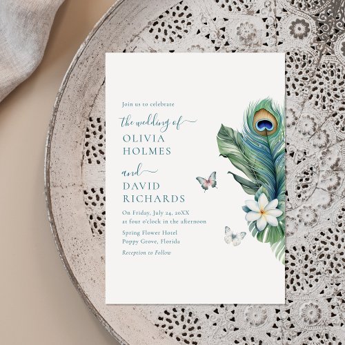 Elegant Butterflies Peacock Feather Wedding Invite