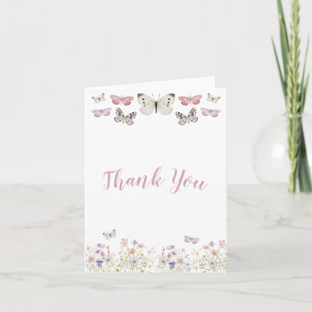 Elegant Butterflies Pink Wildflower Thank You Card (Front)