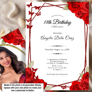 Elegant Butterflies Red Roses 18th Birthday Debut Invitation