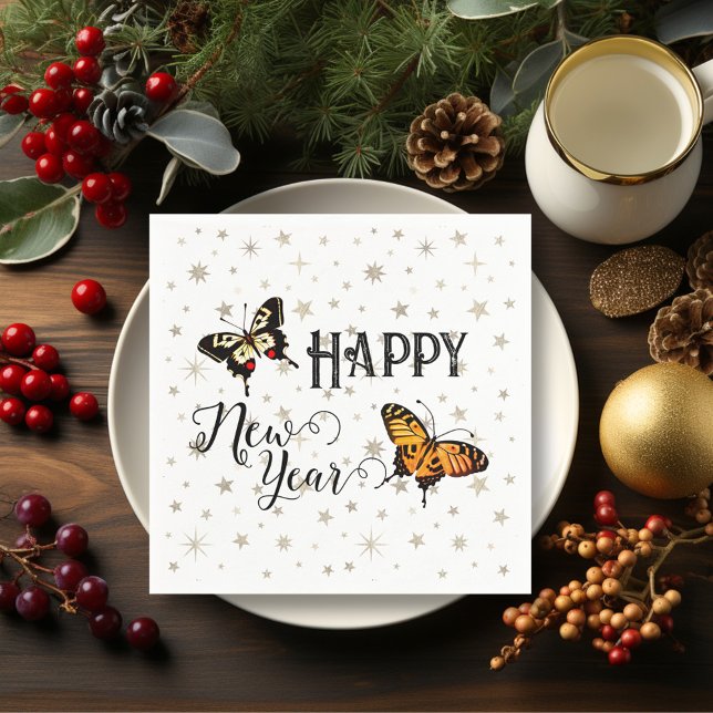   Elegant Butterflies & Stars White Happy New Year Napkins (Creator Uploaded)