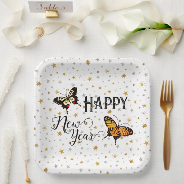   Elegant Butterflies & Stars White Happy New Year Paper Plates (Wedding)